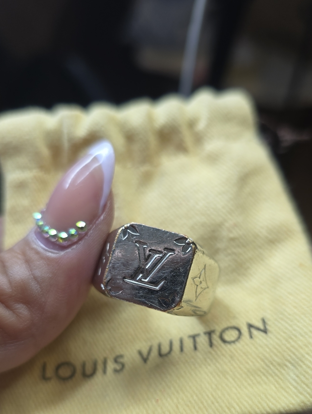 Silver Louis Vuitton Brass Monogram Signet Ring (Size L)